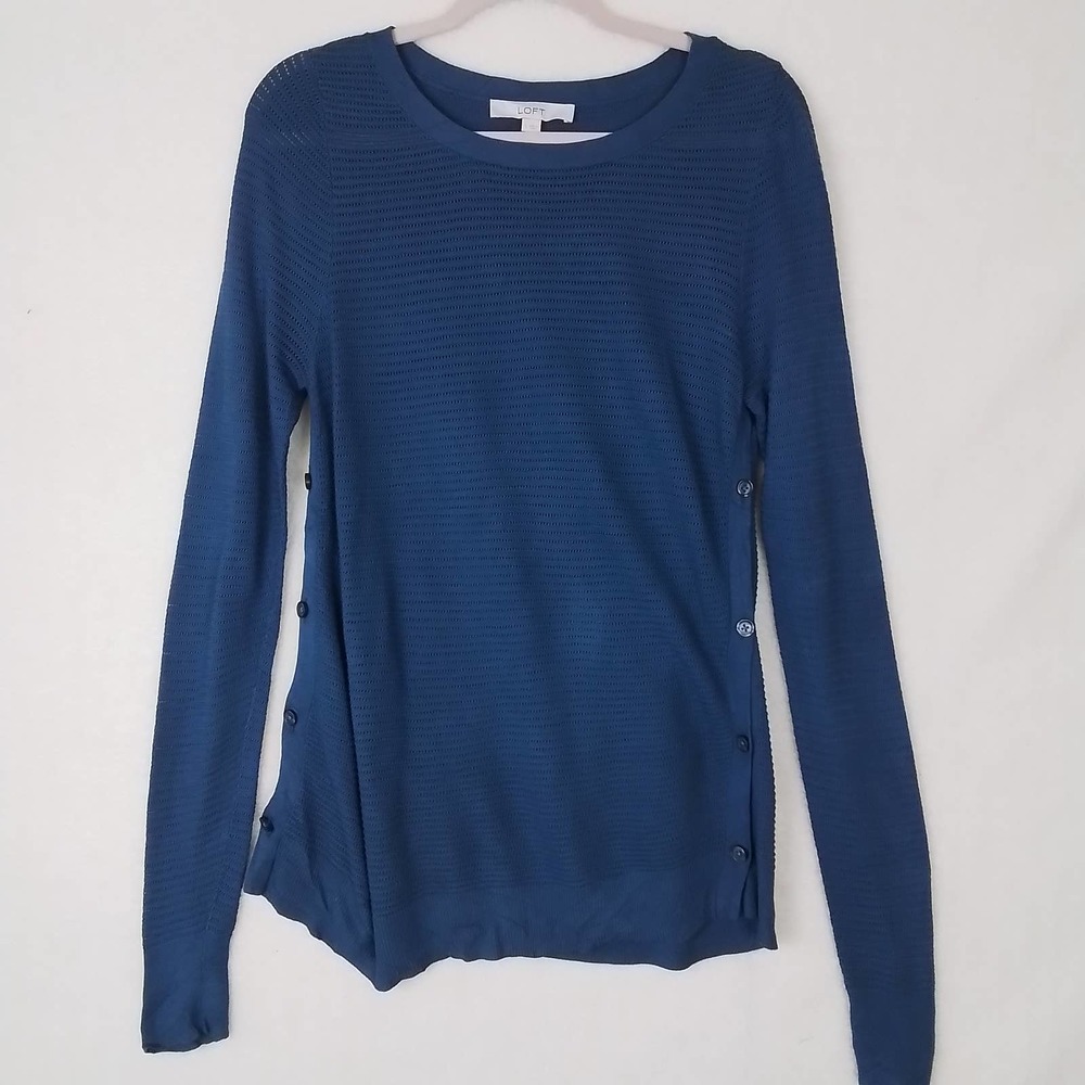 LOFT Open Knit‎ Sweater Tunic Size Small Blue w/ Button Up Side Seams
